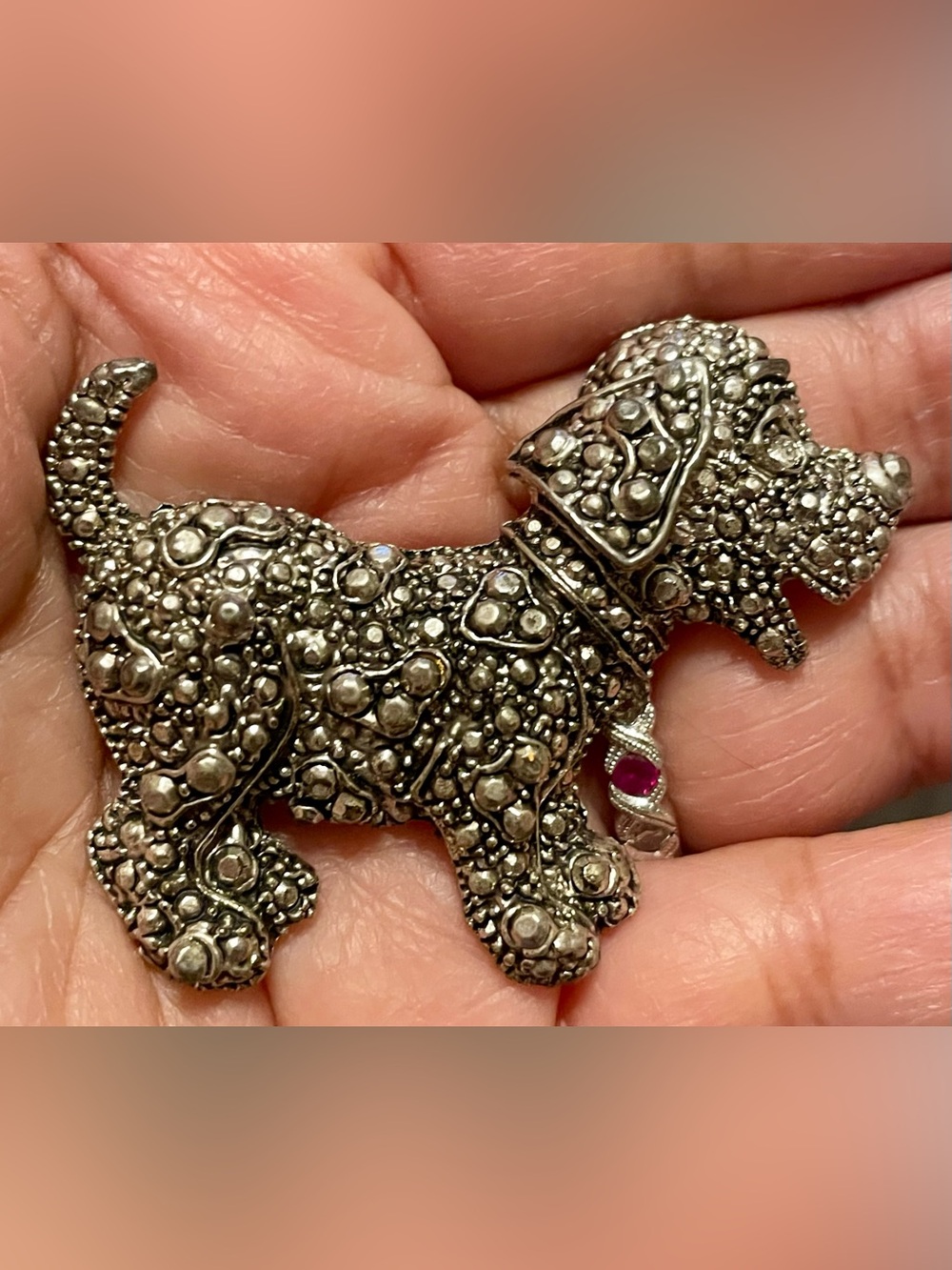 Vintage Silver-Tone Beaded Dog Pendant with Pink Accent